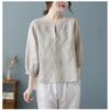 Summer Cotton Linen Short Sleeved Shirt Base Shirt Retro Artistic Seven Quarter Sleeve Round Neck Solid Color Top for Women