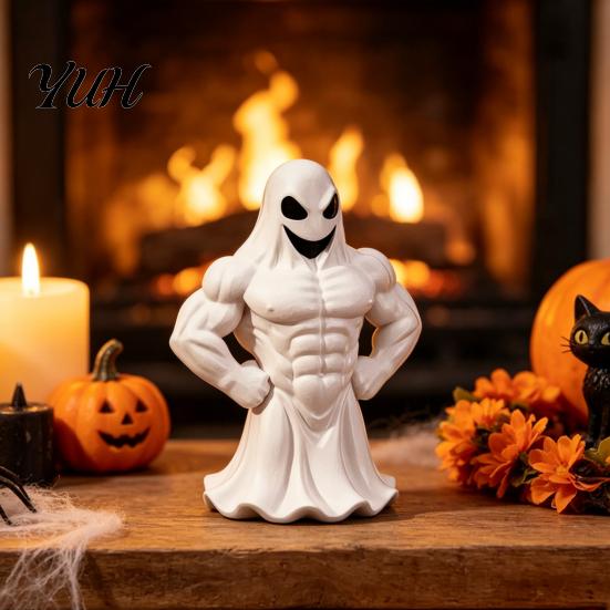 Collectible Art Piece 3D Printed Buff Ghost Figurine, Funny Muscle Desktop Indoor Party Decoration Ornament, Spooky Halloween Decor, Novelty