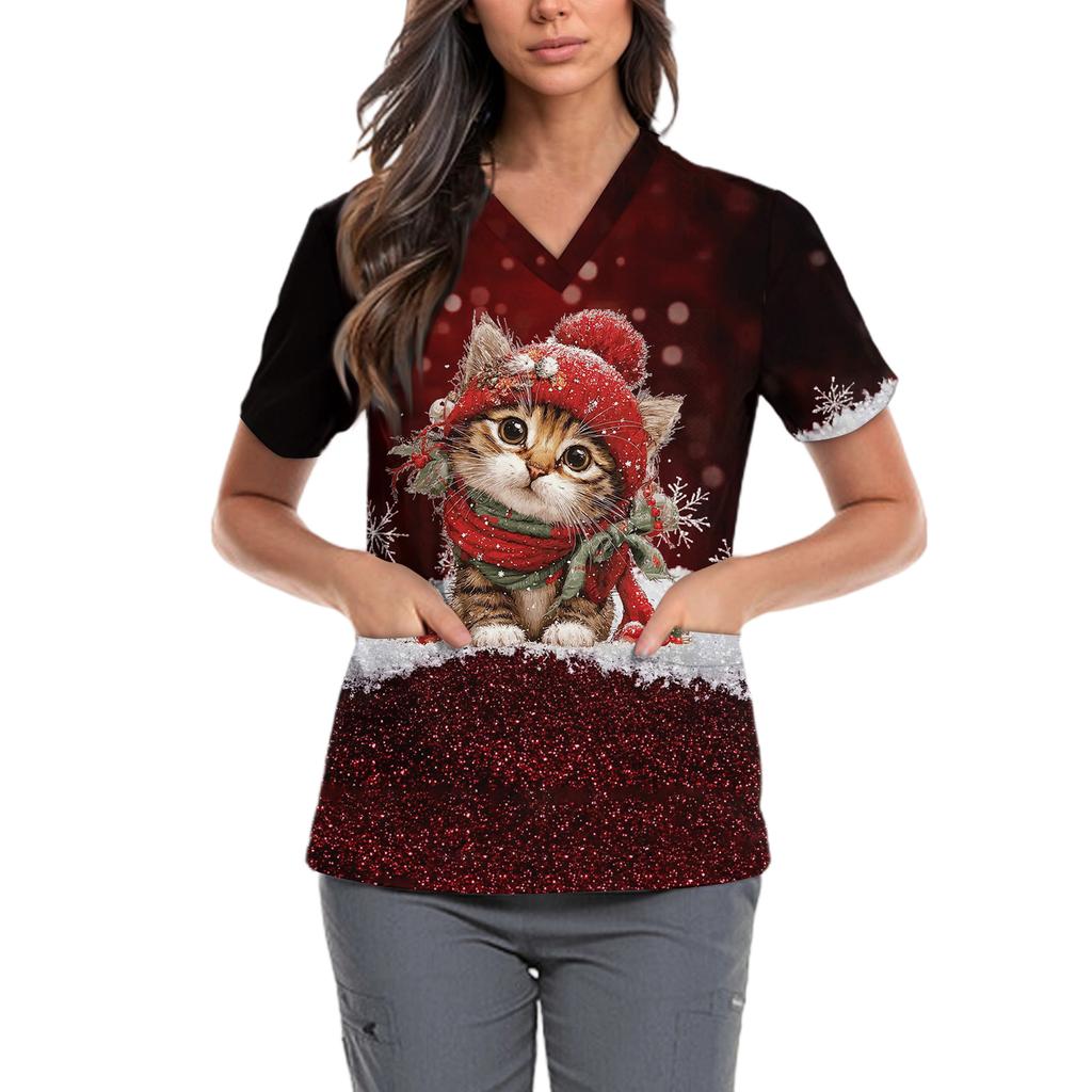 Женская милая блузка с принтом бантиков, рабочая одежда, V-образный вырез, двойной слой, карманы, базовая, с коротким рукавом, пуловер