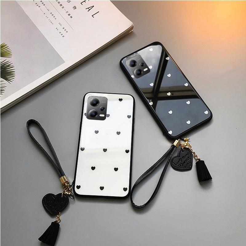 Чехол для телефона из закаленного стекла с рисунком сердца любви для POCO X5 Pro F5 M4 M5, чехол на ремешке с кисточками для Redmi Note 12 4G 5G 12C 12Pro Plus