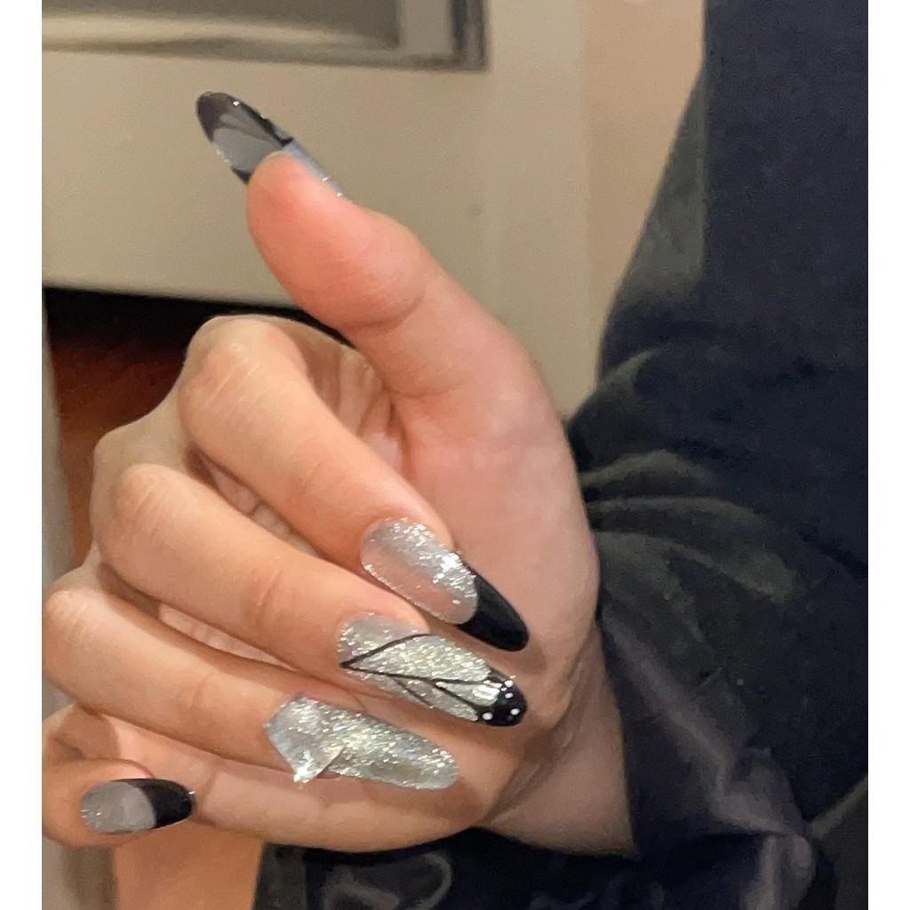 HANDMADE Artificial Nail Silver Ink Stain Phototherapy Nails Fake Nails Reusable and Removable Nails