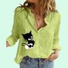 Women Fashion Cat Print Shirt Spring&summer Cotton Linen Top Ladies Casual Long Sleeved Blouses