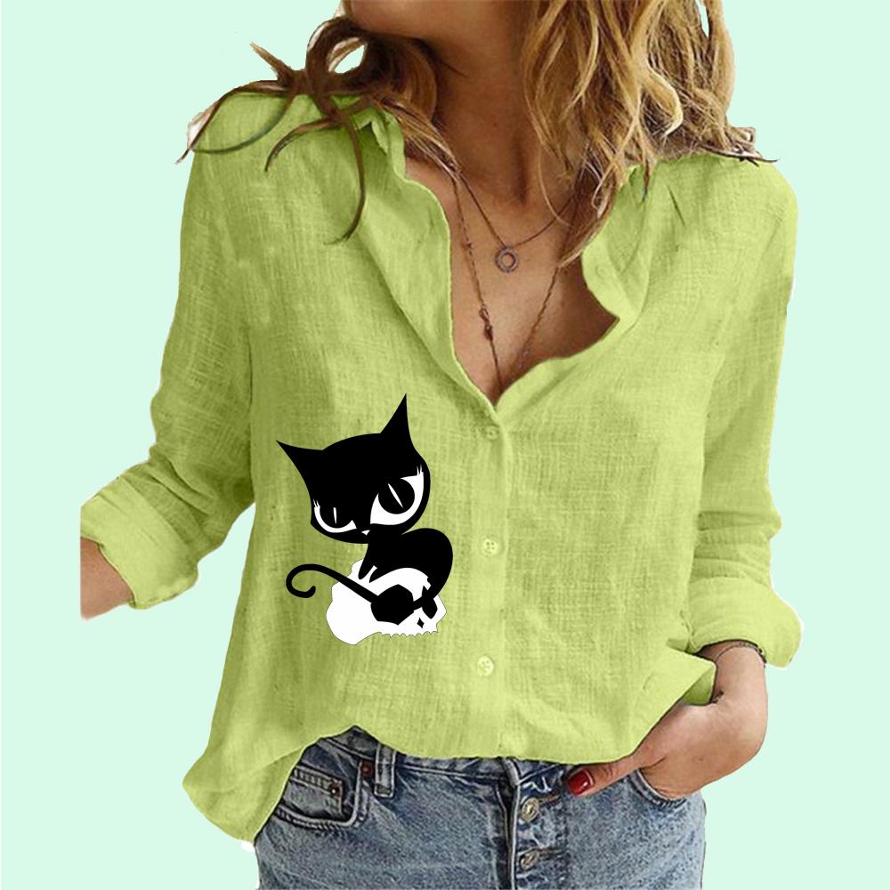 Women Fashion Cat Print Shirt Spring&summer Cotton Linen Top Ladies Casual Long Sleeved Blouses