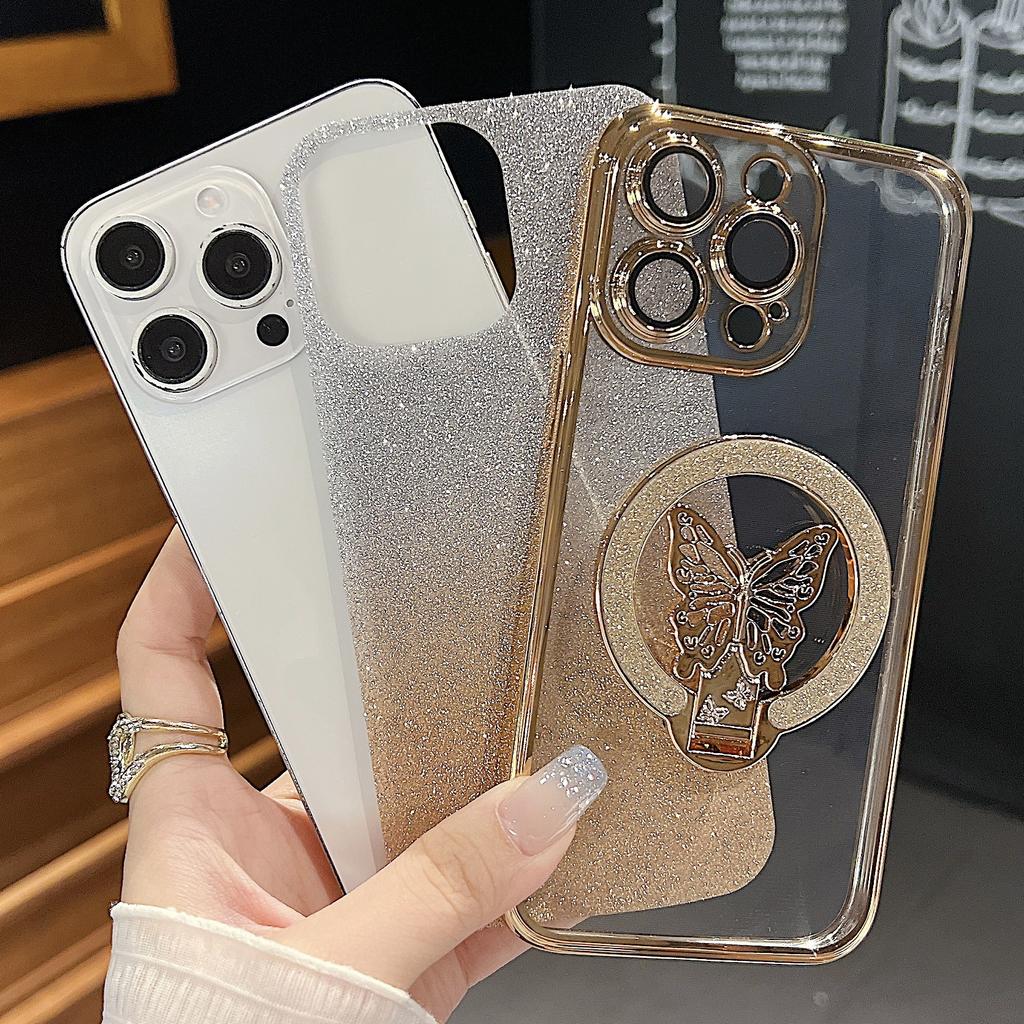 Для Apple 16 Чехол для телефона с кронштейном-бабочкой для IPhone 15 Promax Зеркальный с гальваническим покрытием Градиентный Блестящая пудра 14 Жесткий чехол