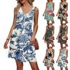 Женское летнее платье с V-образным вырезом в повседневном пляжном стиле для отпуска, в стиле ретро с цветочным принтом, без рукавов, с лоскутным дизайном