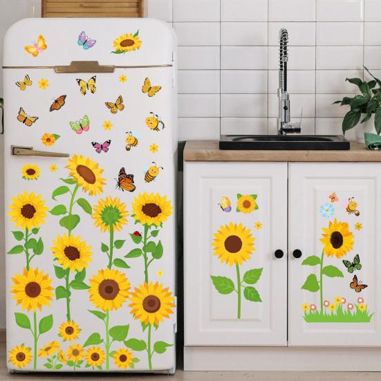 8 Sheets Sunflower Bee Butterfly Window Stickers Static PVC Window Cling Reusable Removable Spring Floral Decals for Glass Door Window Decor