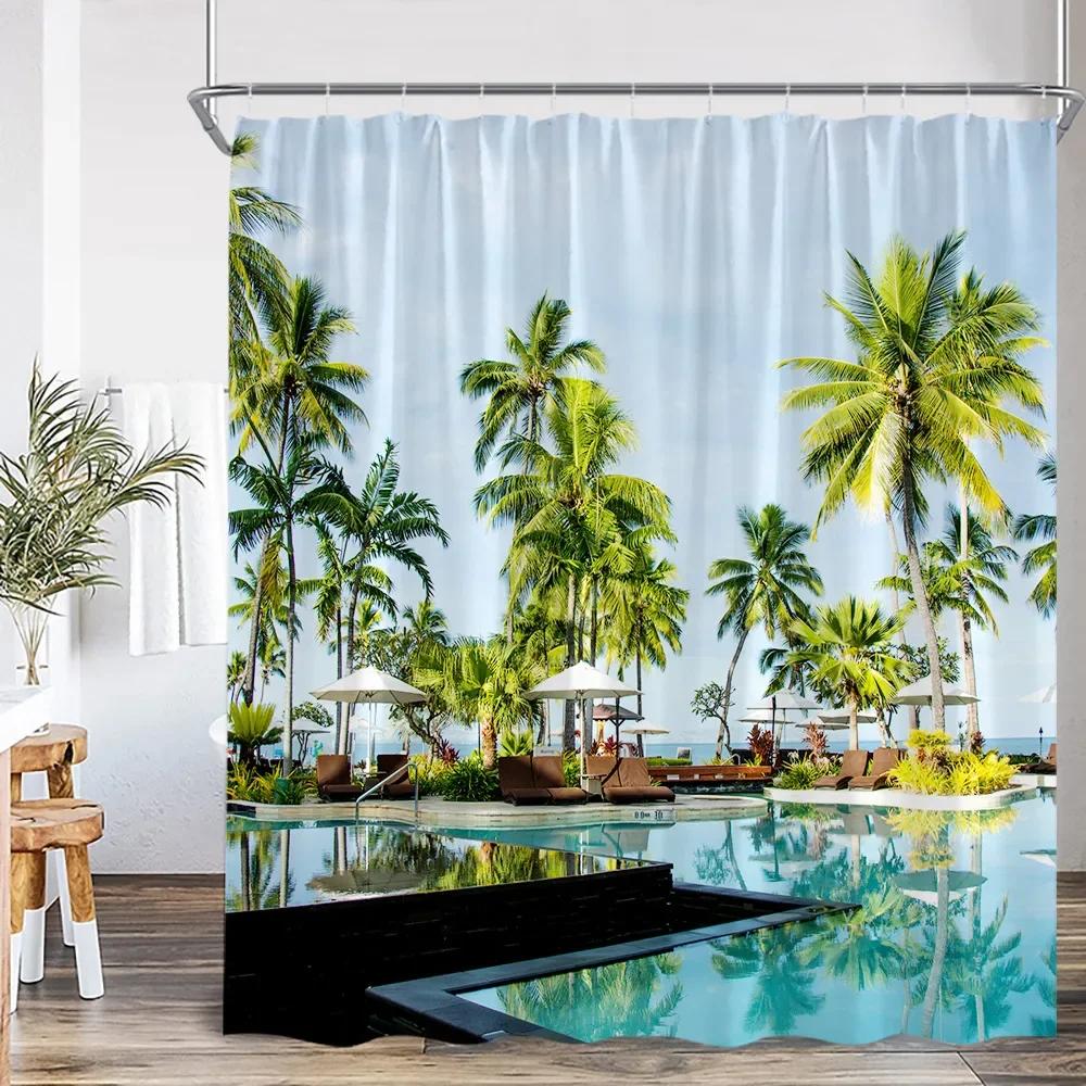 Шторка для душа с изображением пляжа, морского пейзажа, кокосовой пальмы, лета, для ванной комнаты, декор для отпуска, полиэстеровая шторка для ванны с крючками