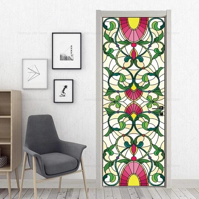 3D Geometric Door Sticker Self-adhseive Vinyl Full Door Wrap Cover Stickers Modern Abstract Geometry Wall Art Mural Decorations
