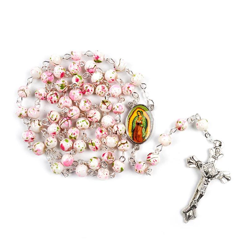 Католические четки маленького размера, круглые синие стеклянные бусины, ожерелье с изображением Девы Марии и Иисуса