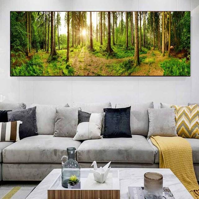 Пейзаж Зеленый Желтый Лес Дерево Холст Картина Солнечный свет Плакаты и принты Настенные Панно Гостиная Домашний Декор Без Рамки