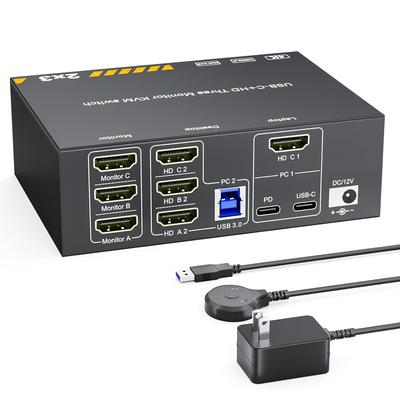 3-мониторный KVM-переключатель с 2 входами и 3 выходами (1 ноутбук, 1 настольный компьютер), KVM-переключатель с поддержкой 4K@60Hz, USB-C HDMI для трех мониторов, 4 порта USB 3.0, Type-C 100W PD Charg