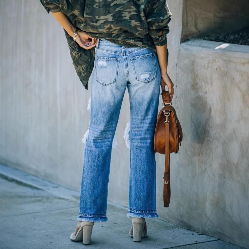 Womens Wide Leg Distressed Washed Denim Jeans High Waist Loose Fit Cotton Blend