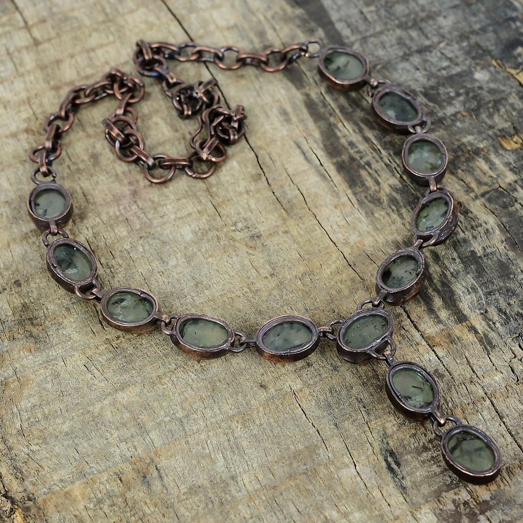 Moss prehnite gemstone necklace electroformed copper necklace handmade jewelry adjustable chain necklace electroformed jewelry gifts for her