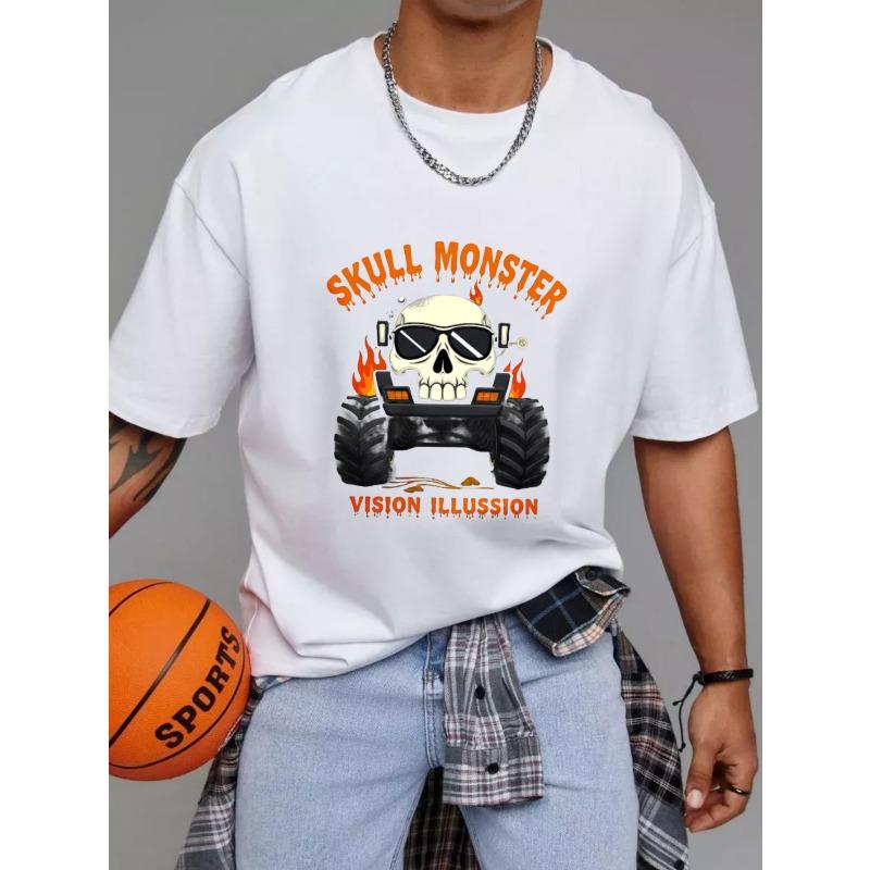 Skull Monster Vision Illusion Graphic T Shirt White Skull with Sunglasses and Flames Design for Casual Wear