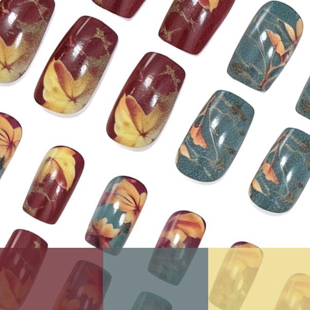 24 штуки маникюрных накладок, осенние и зимние кленовые листья, китайский стиль, размытые красно-зеленые контрастные цвета, средняя и длинная квадратная форма