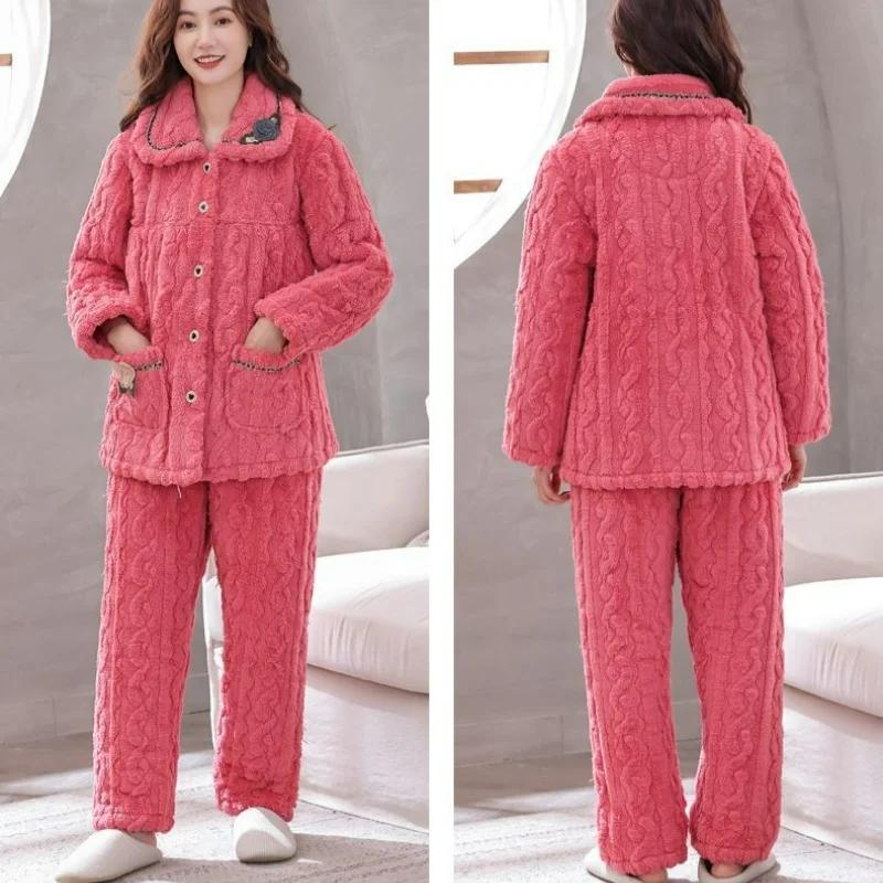 Pyjamas Women's Winter Coral Fleece Cotton Set New Winter Plus Fat Plus Size Plus Thick Fleece Home Wear Embroidery Pocket