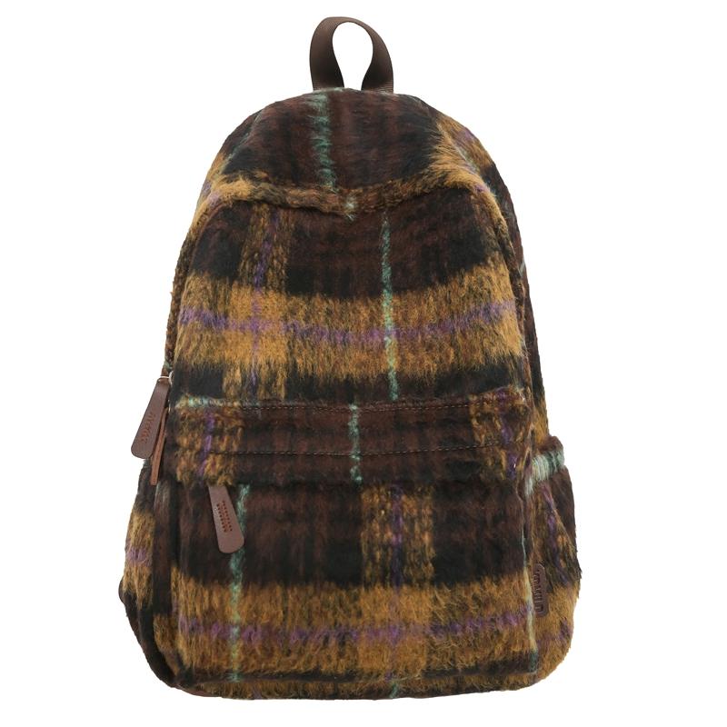 Шерстяной клетчатый школьный рюкзак для студента, большой вместимости, женский рюкзак