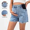 Maternity Denim Shorts With Ruffled Hem Tummy Support High-Waisted Loose Fit Casual Pregnant Women