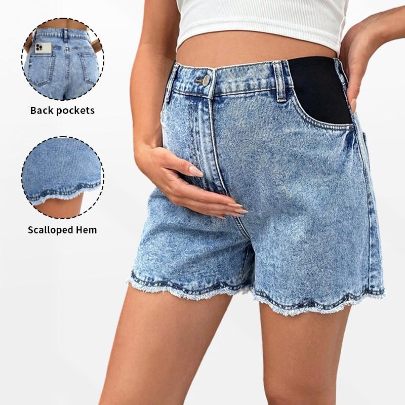 Maternity Denim Shorts With Ruffled Hem Tummy Support High-Waisted Loose Fit Casual Pregnant Women
