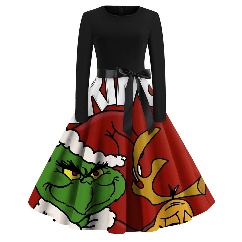 Women's Christmas Print Flare Dress For Women Long Sleeve Dress Party Casual Dresses