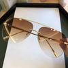 Vintage Rimless Alloy Aviation Pilot Sunglasses for Men Gradient Sun Glasses Female Metal Oval Shades Black Brown