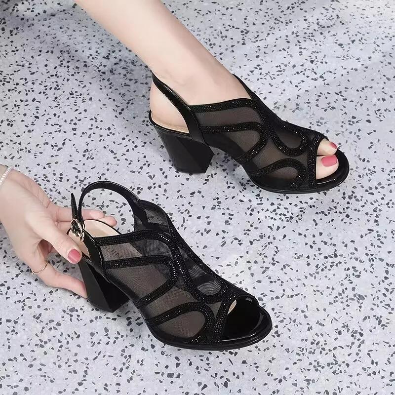 Туфли женские с открытым носком женские босоножки больших размеров женские сандалии с кристаллами сетчатые с пряжкой на ремешке туфли на толстом каблуке женские