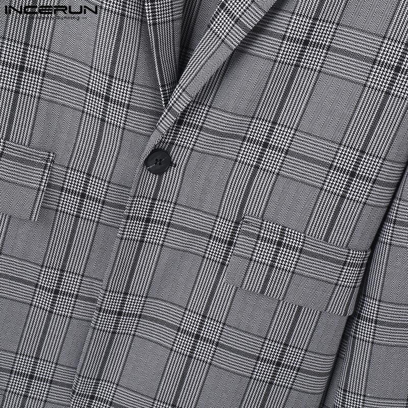 INCERUN Осень-весна мужской пиджак с лацканами и длинным рукавом, клетчатый пиджак на одной пуговице