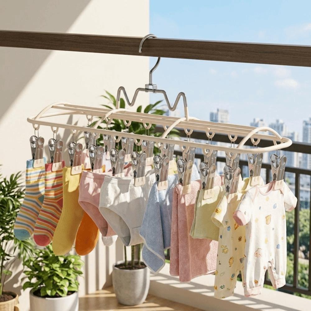 Windproof Clothes Drying Hanger with 20 Clips Stainless Steel Sock Drying Rack Space-Saving Rustproof Clothes Hanger Small Space