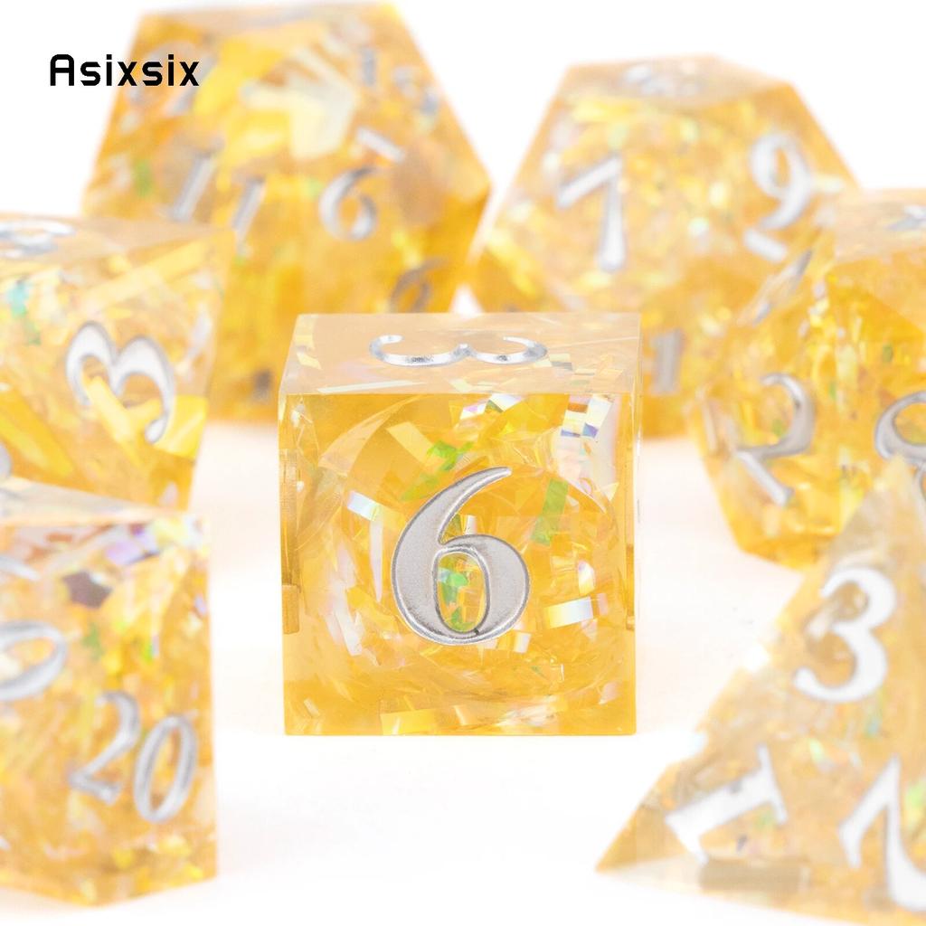 7 шт. желтая смола, белый номер, игральные кости с острыми краями, многогранные кубики, подходящие для ролевых ролевых игр, настольная игра