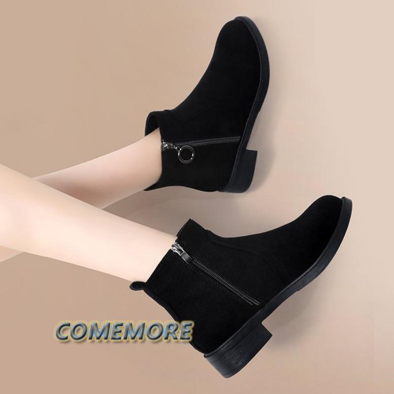 2025 Женские Осенне-Зимние Новые Низкий Каблук Удобные Модные Короткие Ботинки Боковая Молния Снежные Женские Ботинки Круглый Носок Дизайнерские Черные