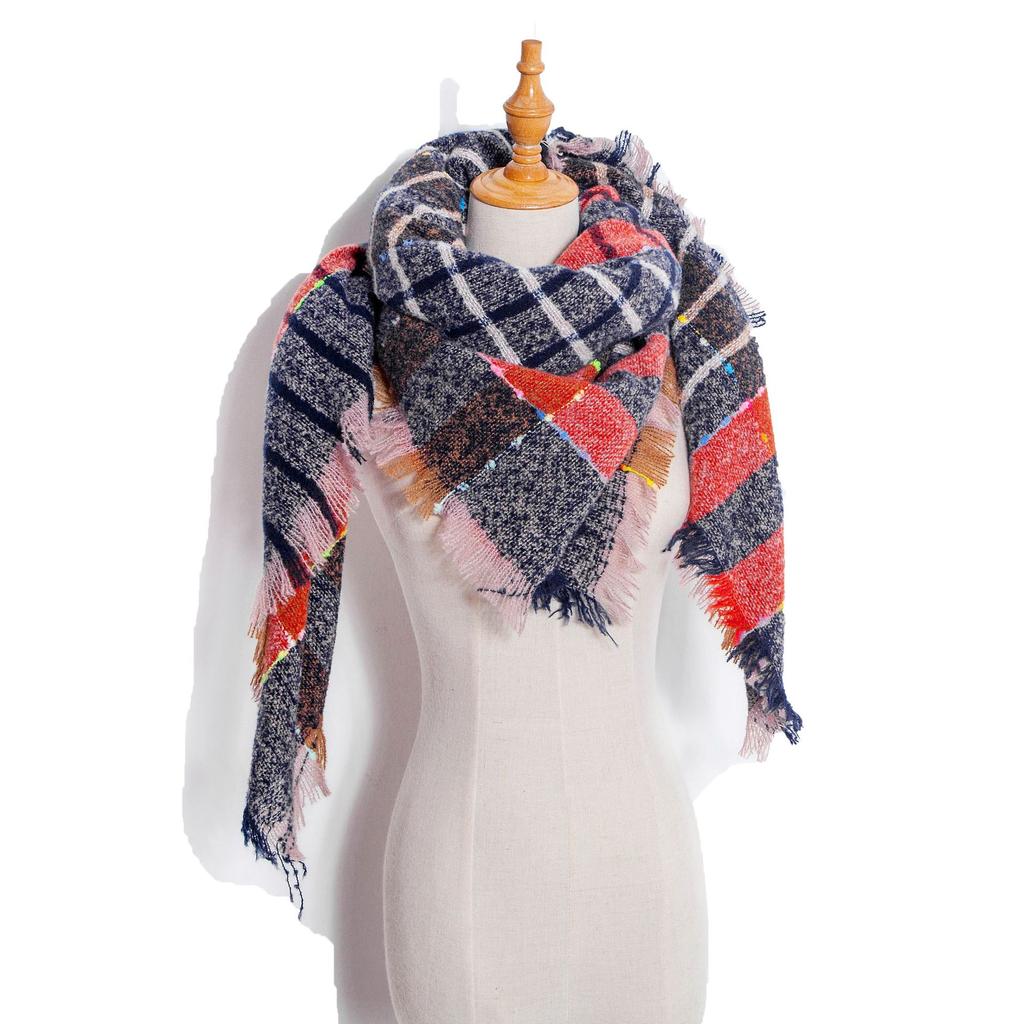 Осенне-зимний шарф с кисточками, женский клетчатый теплый треугольный платок