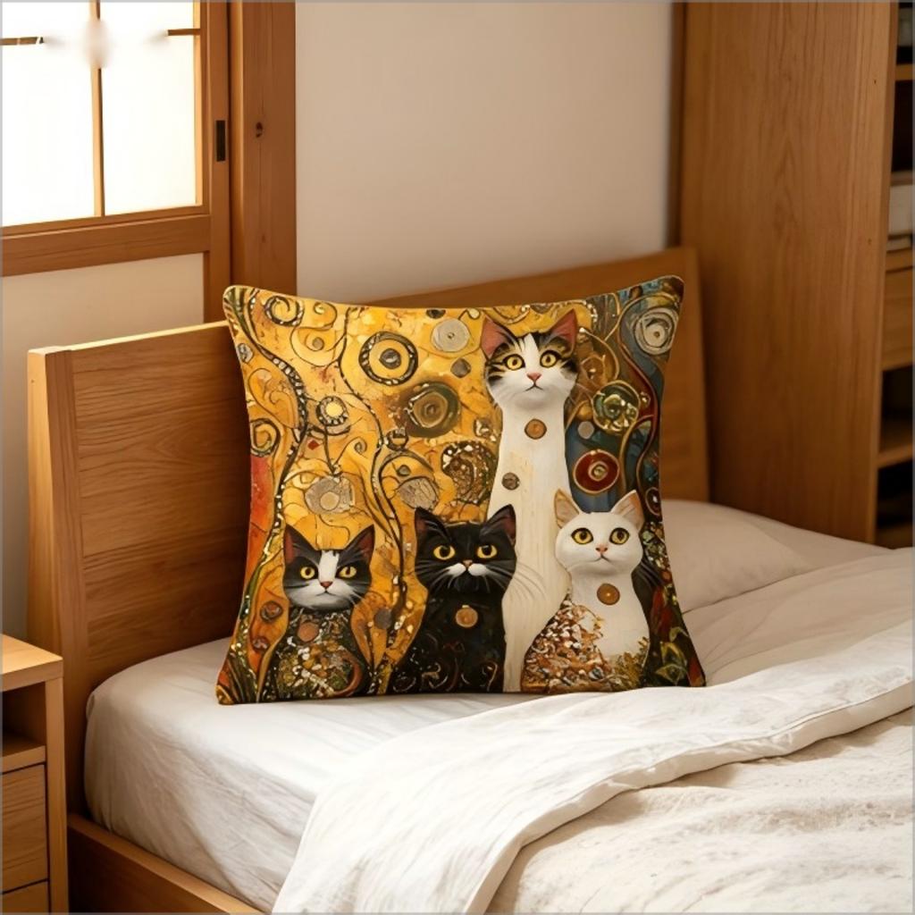 Klimt Inspired Cats Print Throw Pillow Cover, Golden Art Nouveau Cat Decorative Cushion