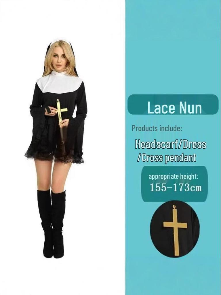 Женское кружевное платье для косплея монахини 2025 - Длина до колена, с длинным рукавом, наряд для вечеринки