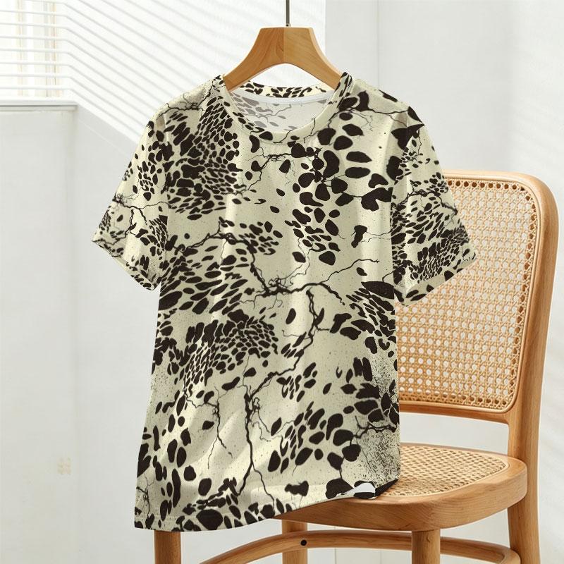 Women's Leopard Print Basic Short Sleeve Top, Relaxed Fit Soft Comfy Versatile Casual Top for Daily Outings, Vacation & Park Walks