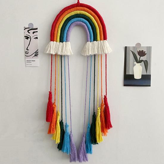 Hanging Ornament Boho Rainbow Macrame Wall Hanging with Tassels Hand Woven Clip Holder Creative Home Decoration Hanging Ornament