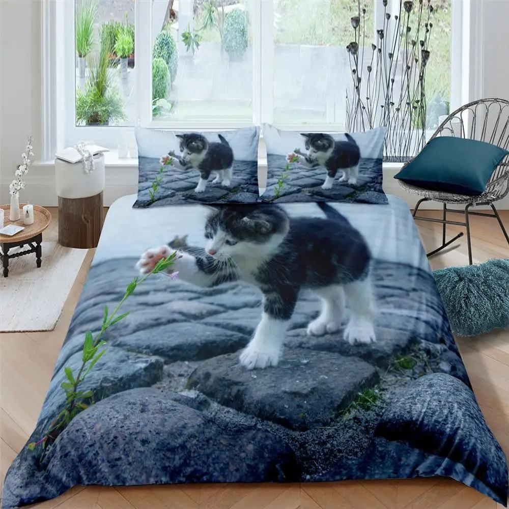 2026 Cat Duvet Cover Set Pet Cats Pattern Twin Bedding Set Cute Kitten For Polyester Mysterious Black Cat King Size Quilt Cover