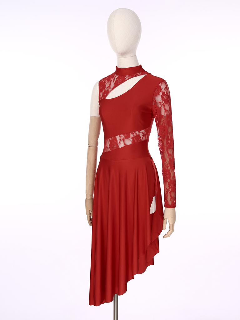 Женское танцевальное платье с длинным рукавом, кружевное лоскутное платье с вырезом на одно плечо, разрез на подоле