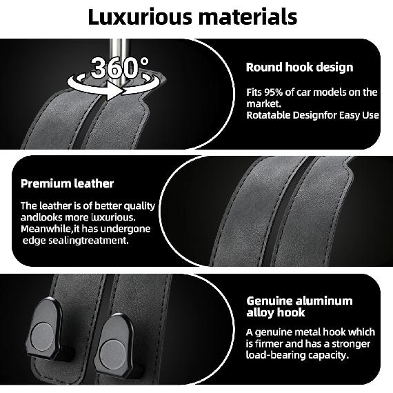 Platch Car Purse Hook 2 Pack Headrest Hooks for Car, Luxurious Leather Material, Seat Back Storage Hook Multifunctional Car Seat Hooks Keep Car Tidy