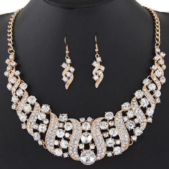 Цепочка с инкрустацией горным хрусталем, ожерелье, серьги-крючки, комплект ювелирных изделий для свадебной вечеринки