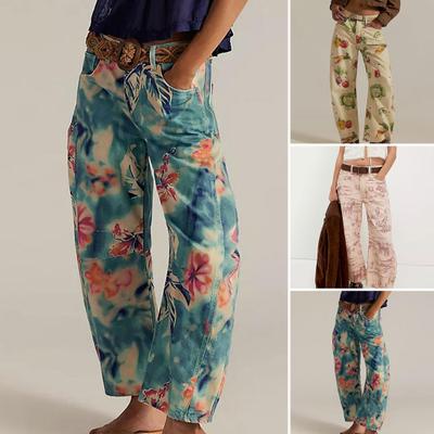 Джинсы-бочки для женщин, джинсы-бойфренды мешковатого кроя с цветочным принтом, повседневные джинсы из денима с широкими штанинами до щиколотки и средней посадкой