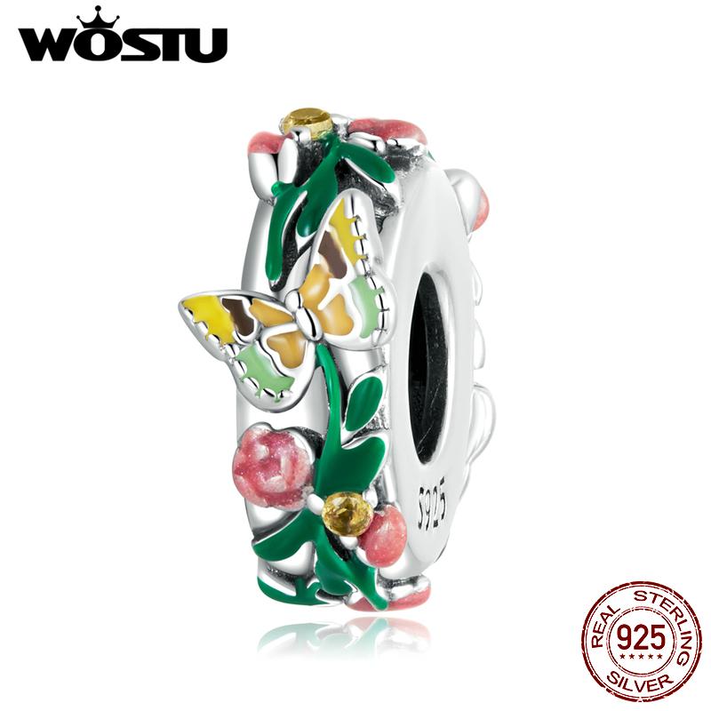 WOSTU Стерлингового серебра 925 пробы, бабочка и цветок Sapcer, очаровательная бусина для женщин, DIY, оригинальный браслет 3 мм, ювелирные изделия