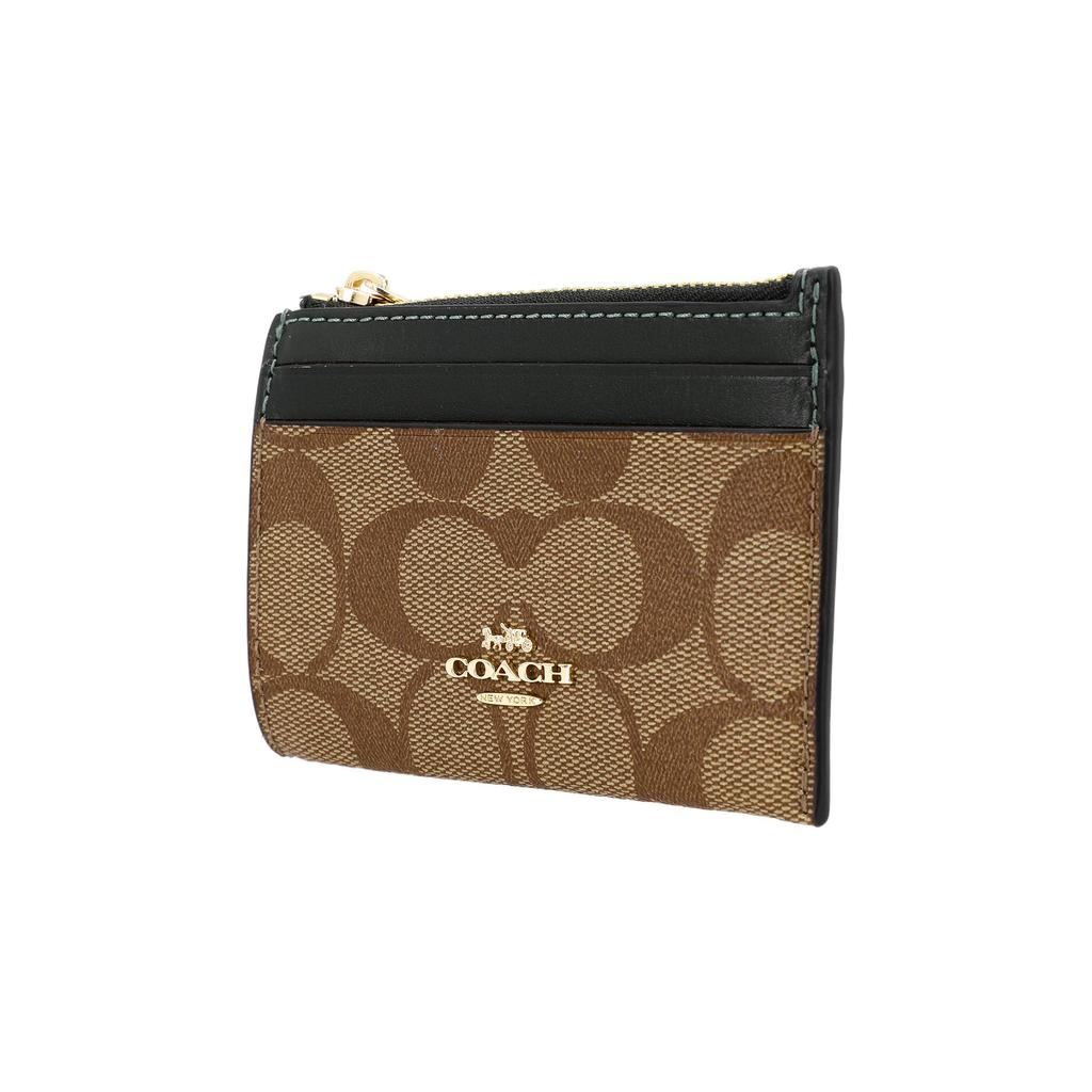 New COACH Mini Id Skinny Coated Canvas With Smooth Leather Document Wallet Card Holders Mini Women's Brown & Dark Green 88208-IMRQE