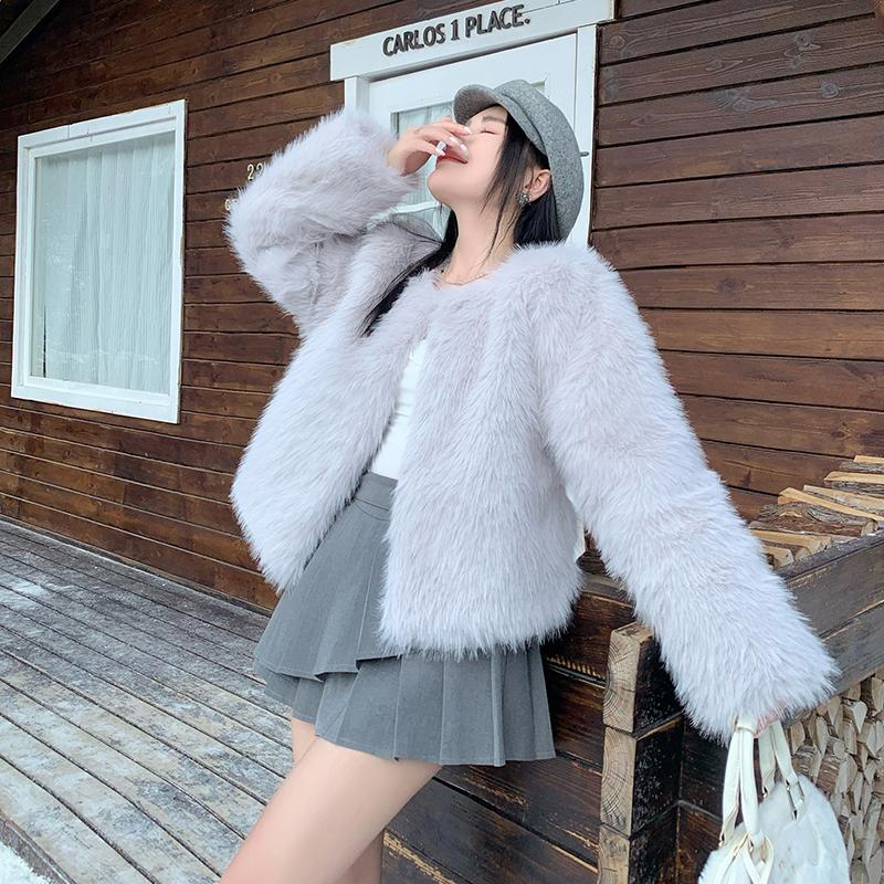 Осенне-зимние теплые пальто из лисьего меха с длинным рукавом, женские винтажные элегантные свободные куртки с круглым вырезом, женские однотонные повседневные женские куртки верхней одежды 25519