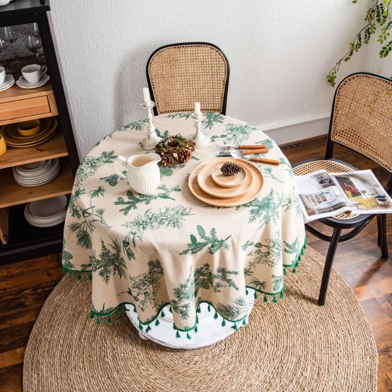 Круглая скатерть 59 дюймов Хлопковая скатерть Декоративное покрытие для стола для кухни Обеденного стола Банкетов Вечеринок и Кемпинга