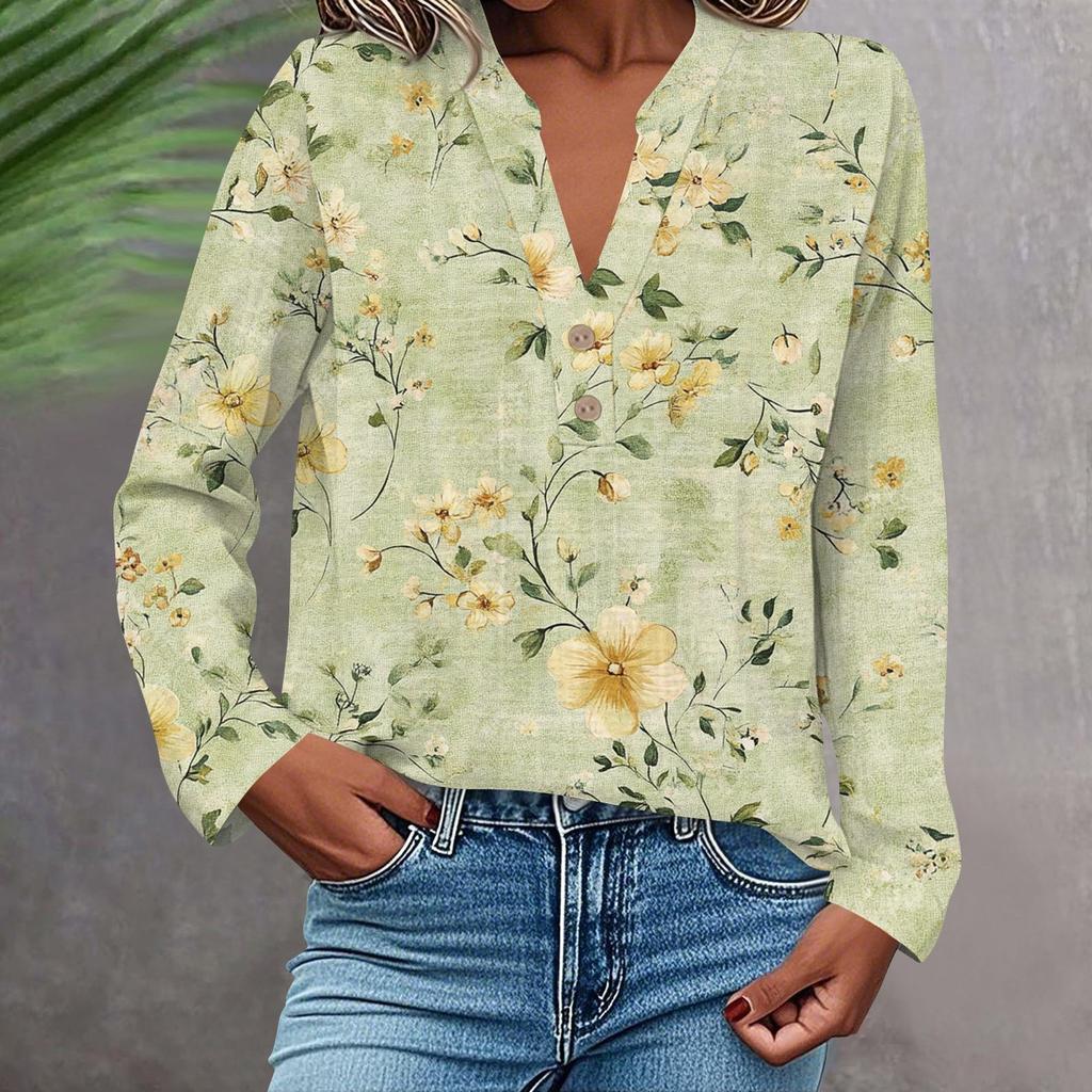 Женская модная и повседневная рубашка с длинным рукавом, V-образным вырезом, на пуговицах, с принтом, блузка, топ