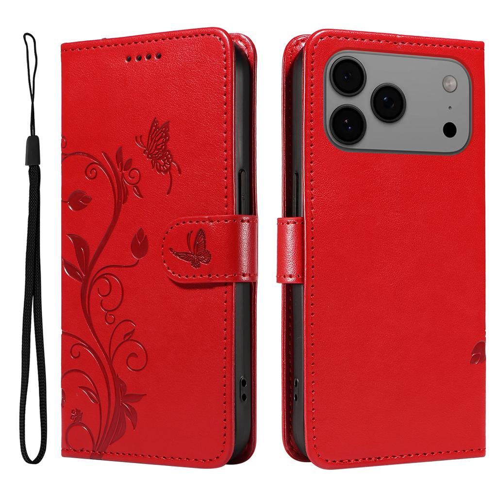 For iPhone 17 Pro Max PU Leather Cases Flower Pattern Wallet Stand Phone Cover with Strap