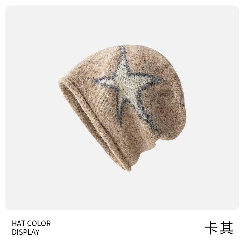Hat Women's Autumn and Winter Baotou Hat Star Drawstring Stacking Hat Small Wool Hat Warm and Cold Knitted Curling