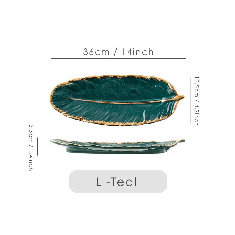Gold Plating Ceramic Plate Set Fashion Feather Design Jewelry Tray Tableware Accessories Dim Sum Fruit Plate Kitchen Dining Dish