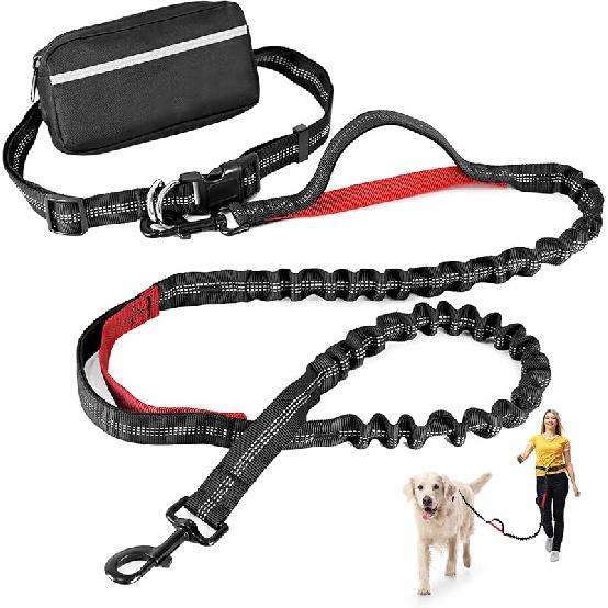 Hands Free Dog Leash with Zipper Pouch, Retractable Bungee Waist Leash with Dual Padded Handles & Waist Belt Fanny Pack for Medium & Large Dog