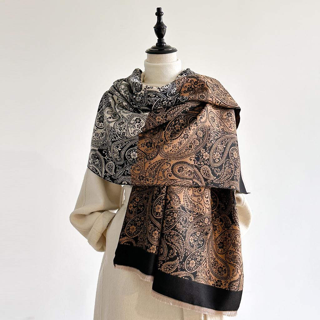 Women's Vintage Floral Print Neckerchief - Tasseled Color-Block Faux Cashmere Scarf, Comfortable Double-Layer Shawl
